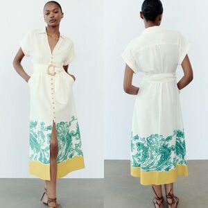 ZARA GRECIAN PRINT SHIRT DRESSize Small Linen Midi dress with belt 8253/49